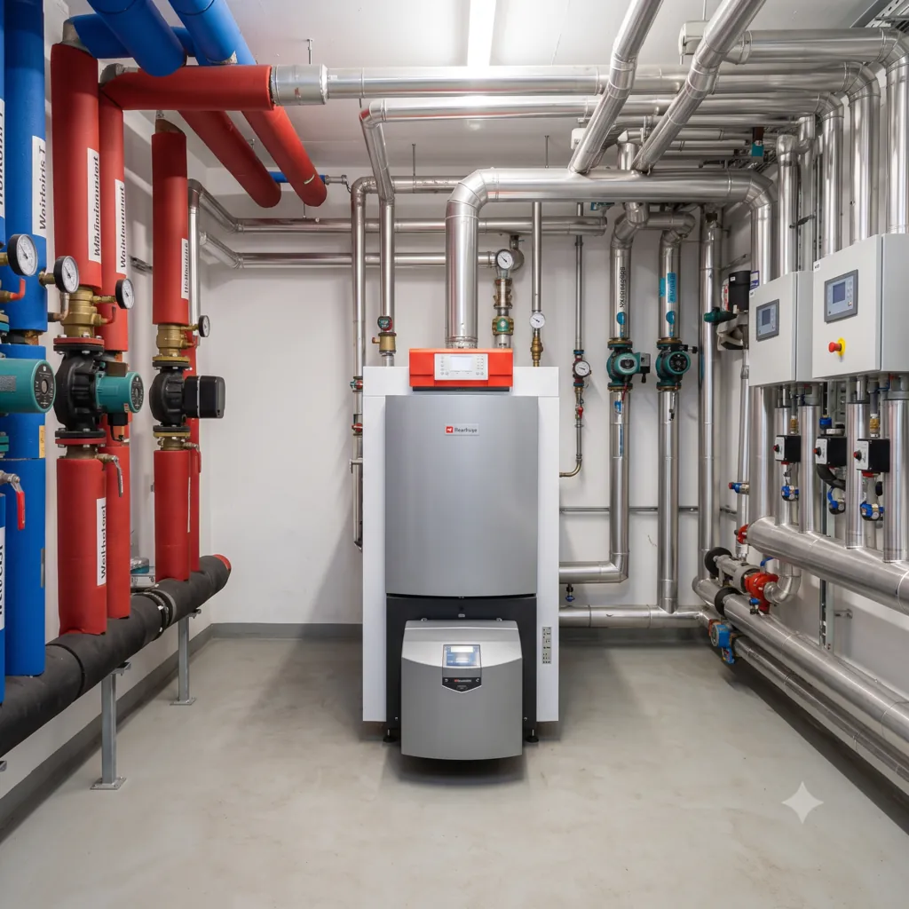 Technikraum mit Heizungsanlage und Verteilern